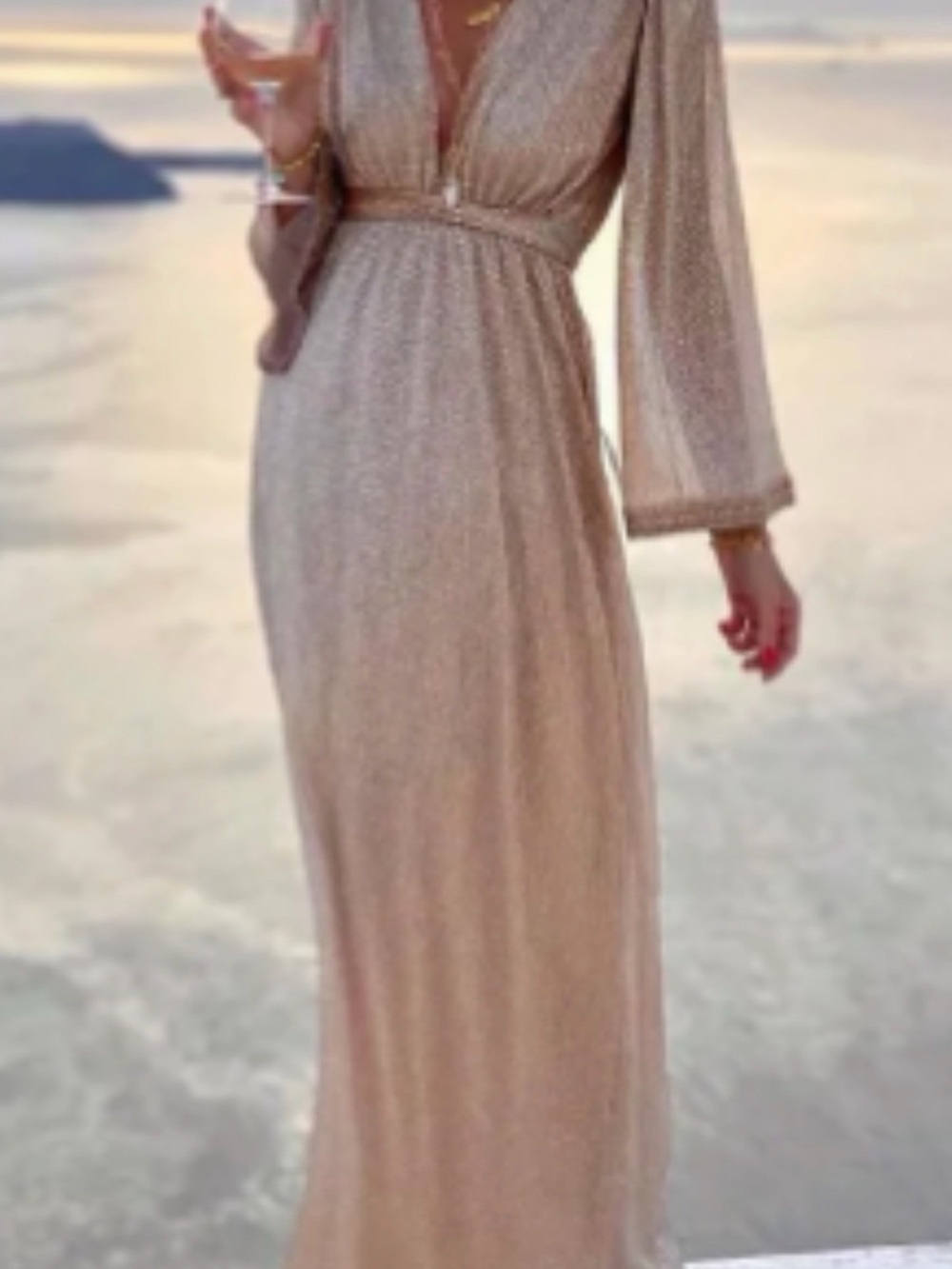 Elegant Shimmer V-Neck Maxi Dress in Champagne